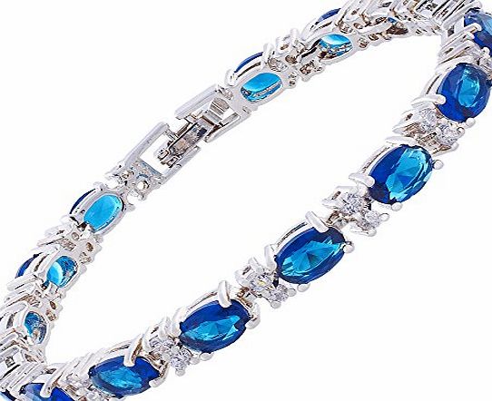 Rizilia Jewellery Oval Cut Blue Sapphire Gemstones Fine CZ 18K White gold Plated [18cm / 7inch] Tennis Bracelet Simple Modern Elegance [Free Jewelry Pouch] (Blue Sapphire)